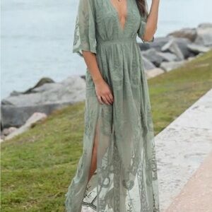 Wishlist Sage Green Lace Maxi Dress with Deep V